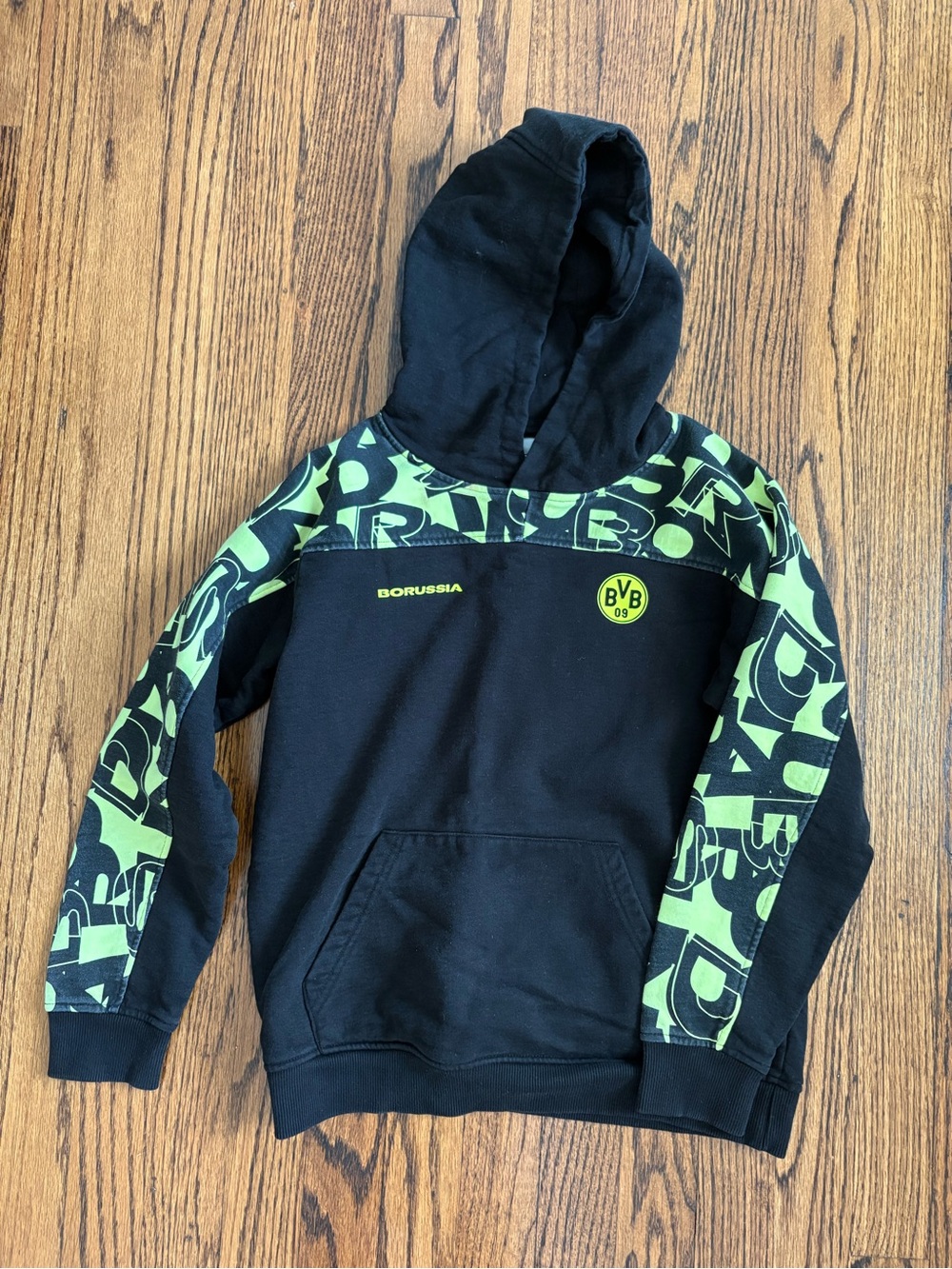 BVB Borussia Dortmund Official Gear -Kids Black Hoodie with Neon Sleeve Graphics